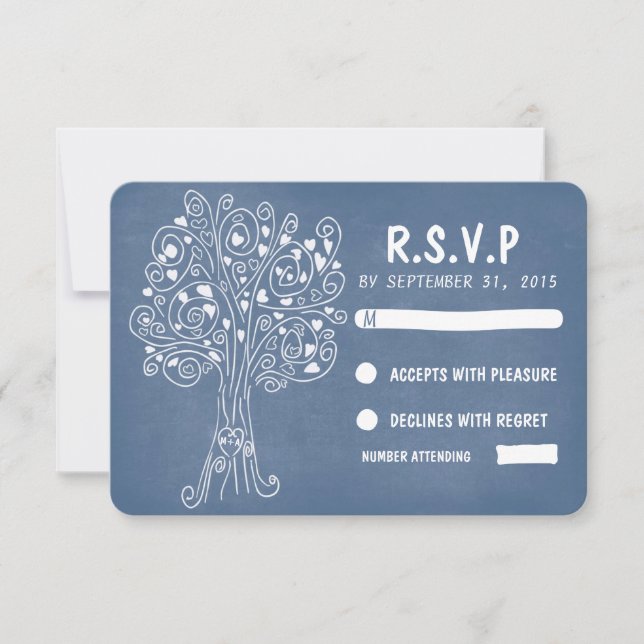 blue love hearts tree wedding rsvp cards (Front)