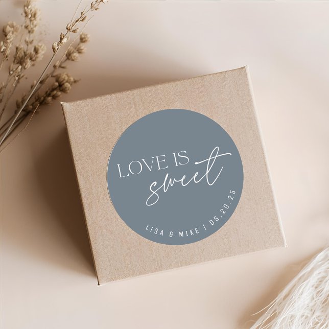 Blue Love is Sweet Wedding Favour Classic Round Sticker (Creator Uploaded)