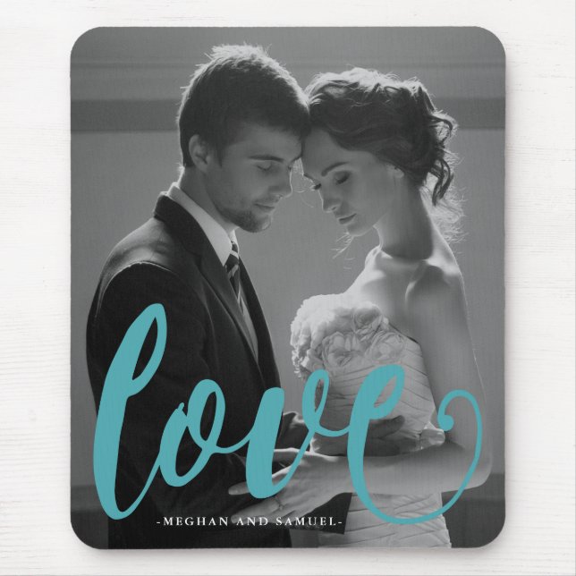 Blue Love Typography Photo and Name Mousepad (Front)