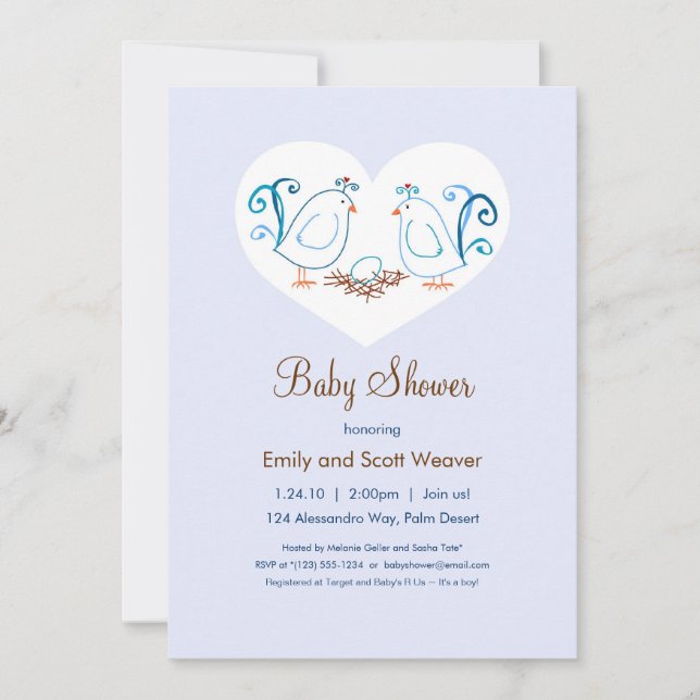Blue Lovebirds and Nest Baby Shower Invitations (Front)
