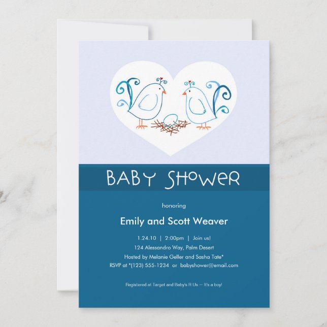 Blue Lovebirds and Nest Baby Shower Invitations (Front)