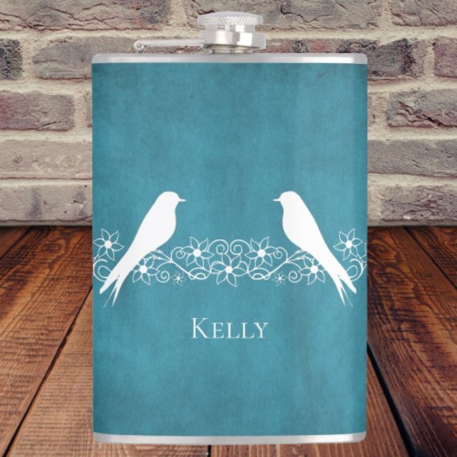 Blue Lovebirds Floral Vine Personalised Flask (Blue Lovebirds Floral Vine Personalized Flask)
