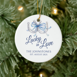 Blue lucky in love horseshoe wedding photo ceramic ornament