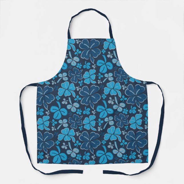 Blue Lucky Shamrocks Clover St. Patrick`s Day Apron (Front)