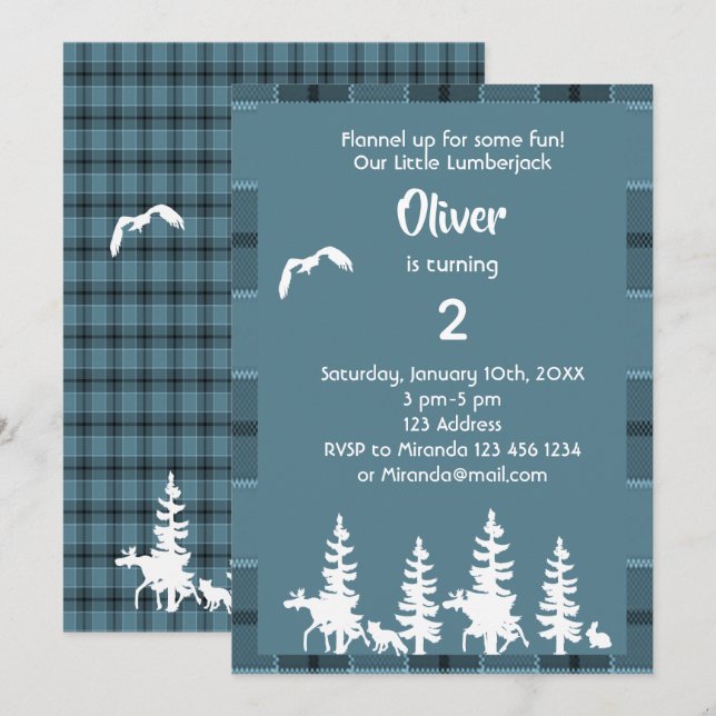 Blue lumberjack 2nd birthday party invitation boy (Front/Back)