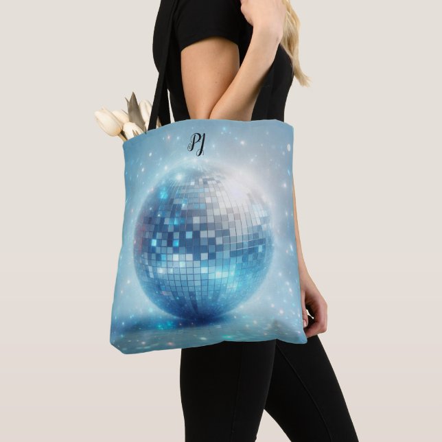 Blue Luminous Disco Ball Initials  Tote Bag (Close Up)