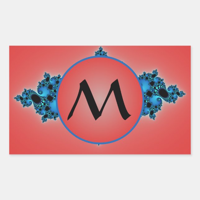 Blue Lush, fractal arabesque with red monogram Rectangular Sticker (Front)