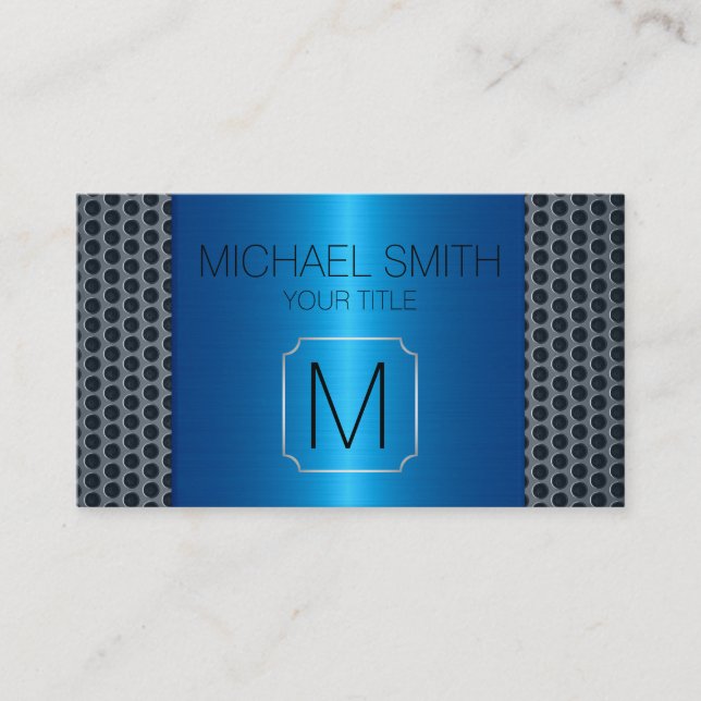 Blue Luxury Stainless Metal Monogram Business Card (Front)