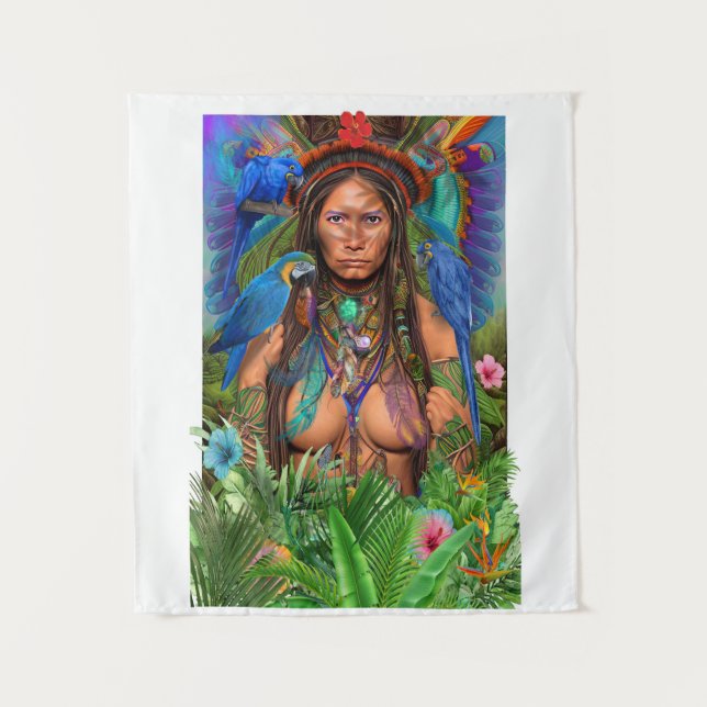 Blue Macaw Hummingbird Queen Tapestry (Front)