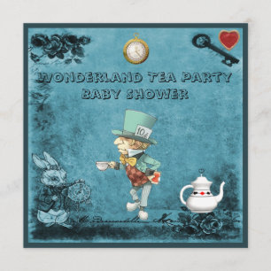 Blue Mad Hatter Wonderland Tea Party Baby Shower Invitation