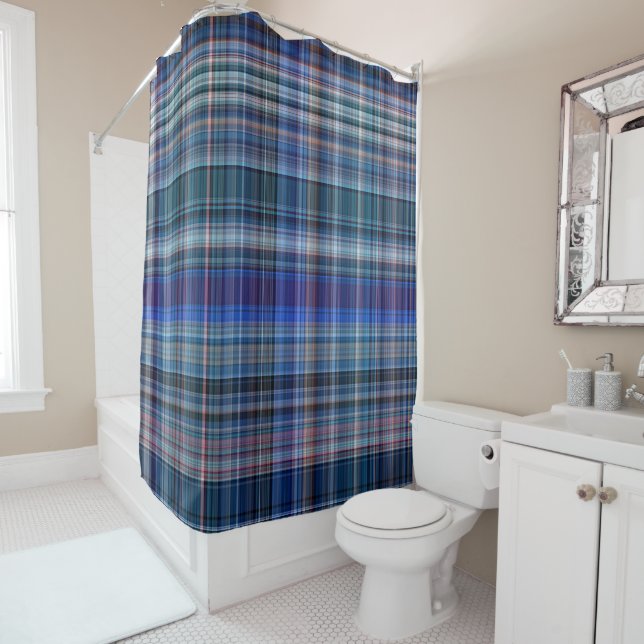Blue Madras Plaid Stripe Pattern Shower Curtain (In Situ)