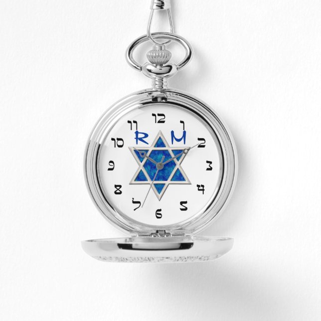 Blue Magen David, Faux Hebrew Numerals, Monogram Watch (Front)