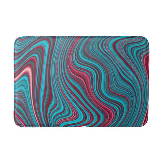 Blue & Magenta Wavy Marbling Agate Abstraction Bath Mat (Front)