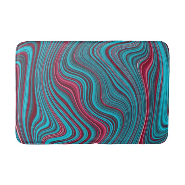 Blue & Magenta Wavy Marbling Agate Abstraction Bath Mat (Front)