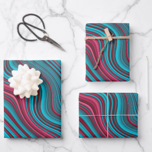 Blue & Magenta Wavy Marbling Agate Abstraction Wrapping Paper Sheet