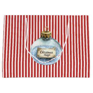 Blue Magic Ornament Red Stripes Christmas Large Gift Bag