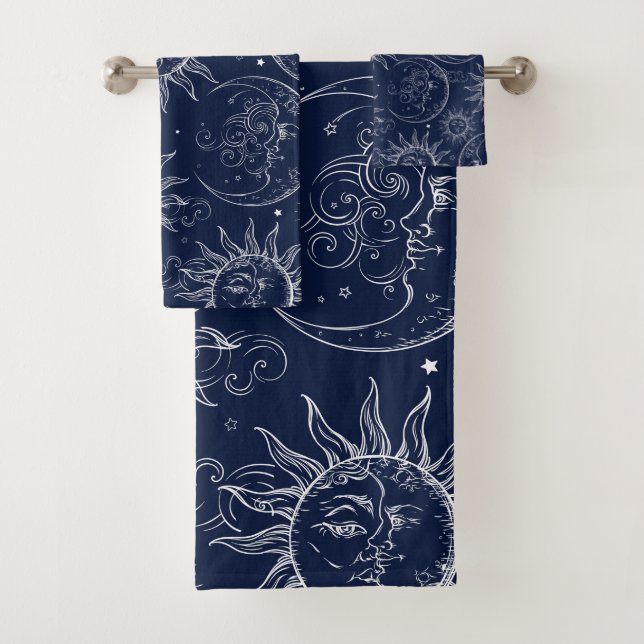 Blue Magic Vintage Celestial Sun Moon Stars Bath Towel Set (Insitu)