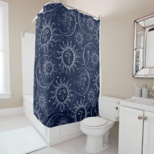 Blue Magic Vintage Celestial Sun Moon Stars Shower Curtain
