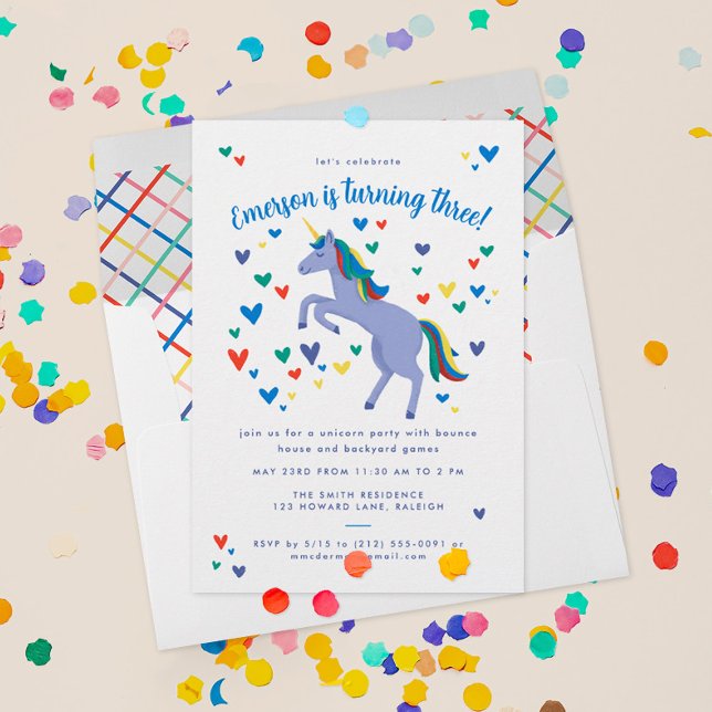 Blue Magical Rainbow Unicorn Birthday Invitation (this magical birthday party invitation has a pastel blue unicorn custom text and lots of hearts)