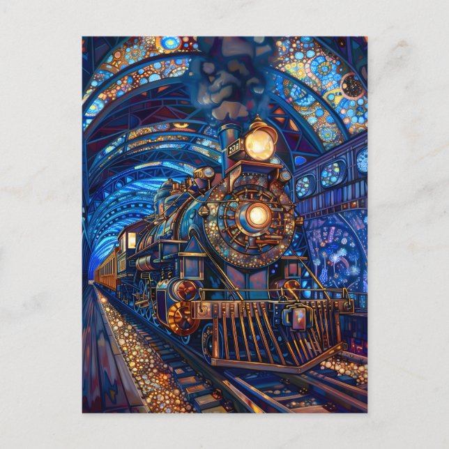 Blue Magical Steampunk Train Loco Faux Mosaic 065 Postcard (Front)