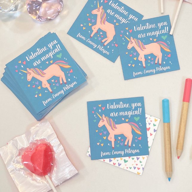 Blue Magical Unicorn Kids Classroom Valentine Card (Creator Uploaded)