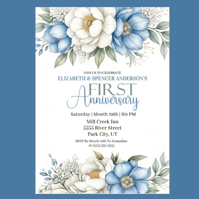 Blue Magnolia and Peony 1st Wedding Anniversary Invitation (Blue and ivory floral 1st wedding anniversary invitation)
