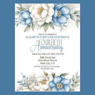 Blue Magnolia and Peony 40th Wedding Anniversary Invitation