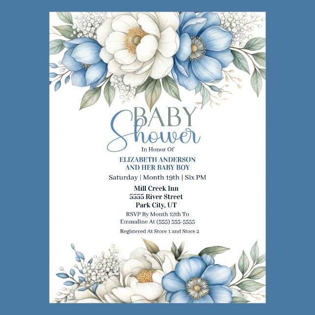Blue Magnolia and Peony Flower Boy Baby Shower Invitation (Blue and white magnolia and peony floral Boy Baby Shower invitation with elegant botanical design
)