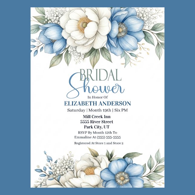 Blue Magnolia and Peony Flower Bridal Shower Invitation (Blue and white magnolia and peony floral Bridal Shower invitation )