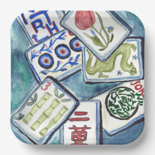 Blue Mahjong Tiles Paper Plate
