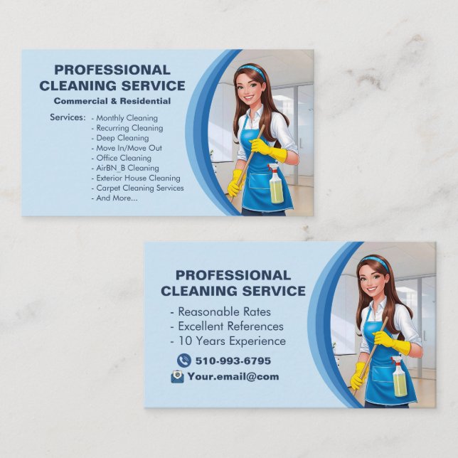 Blue Maid House Cleaning Services Janitorial Clean Business Card (Front/Back)
