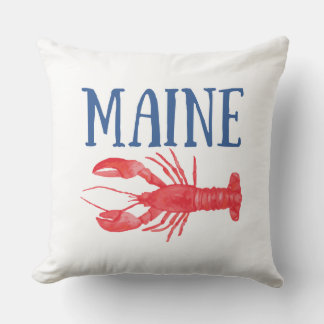 Blue Maine Text Red Watercolor Lobster Cushion