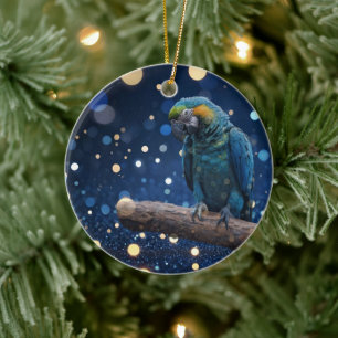 Blue Majesty: The Blue Macaw On Dreamy Blue Bokeh, Ceramic Ornament