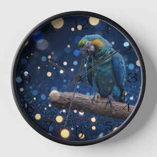 Blue Majesty: The Blue Macaw On Dreamy Blue Bokeh, Clock