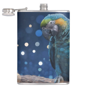 Blue Majesty: The Blue Macaw On Dreamy Blue Bokeh, Hip Flask