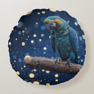 Blue Majesty: The Blue Macaw On Dreamy Blue Bokeh, Round Cushion
