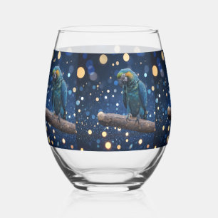 Blue Majesty: The Blue Macaw On Dreamy Blue Bokeh, Stemless Wine Glass