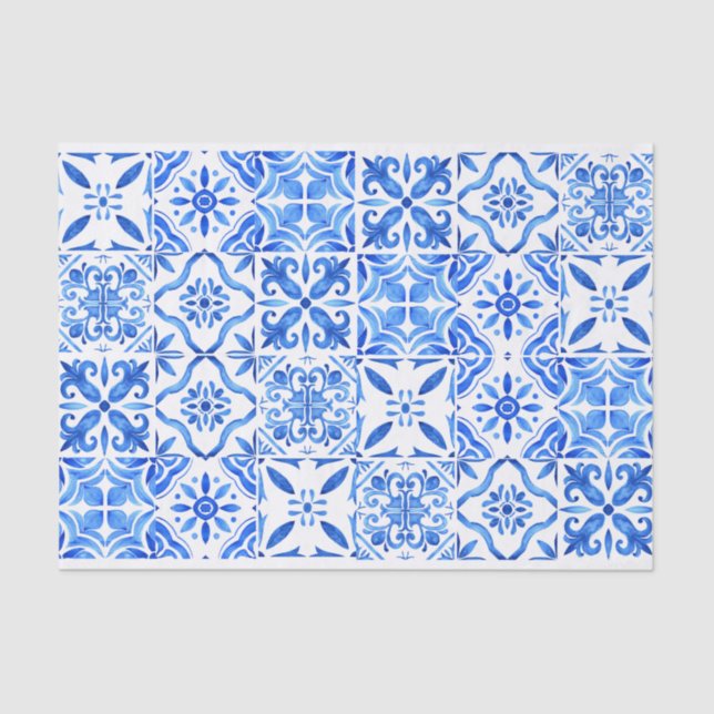 Blue Majolica Greek French blue tiles pattern Tissue Paper (Front)