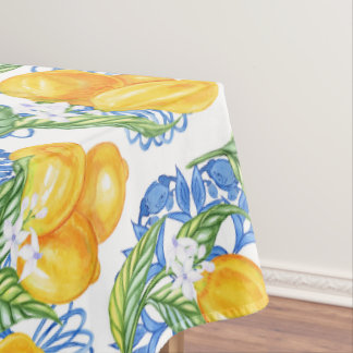 Blue Majolica Tile and Watercolor Lemons Tablecloth