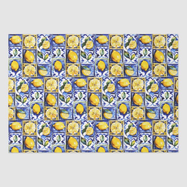 Blue Majolica tiles lemons Mediterranean Tissue Paper (Front)