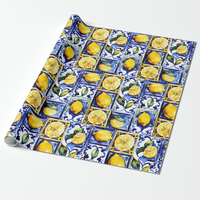 Blue Majolica tiles lemons Mediterranean Wrapping Paper (Unrolled)