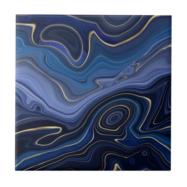 Blue Malachite Golden Accents Luxury Chic Gemstone Ceramic Tile (Front)