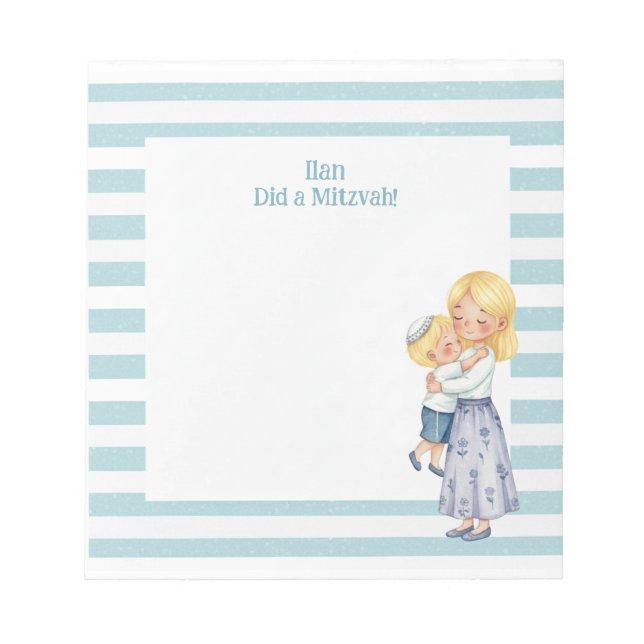 Blue Mama & Son Hug Personalised Mitzvah Notepad (Front)