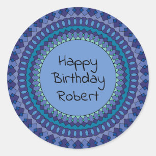 Blue Mandala Birthday Party Add Name Classic Round Sticker