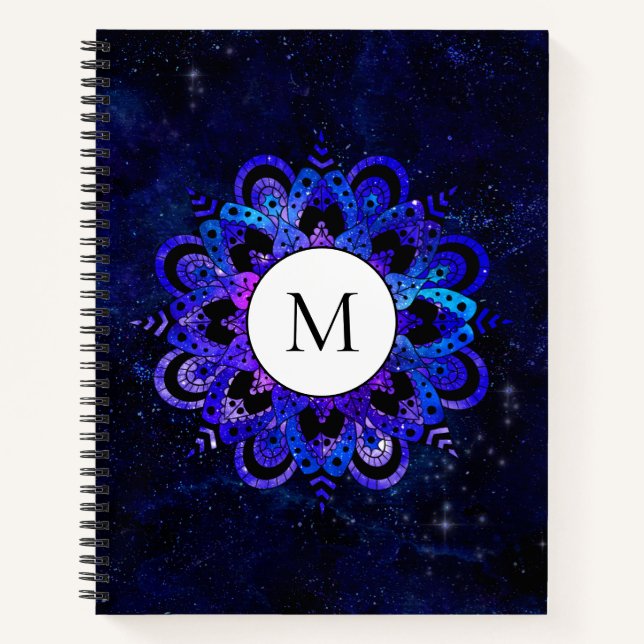 Blue Mandala Galaxy Boho Chic Watercolor Monogram Notebook (Front)