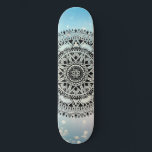 Blue Mandala Geometric Abstract Pattern  Skateboard<br><div class="desc">A beautiful mandala symmetrical geometric pattern on a blue bokeh shimmer background.</div>