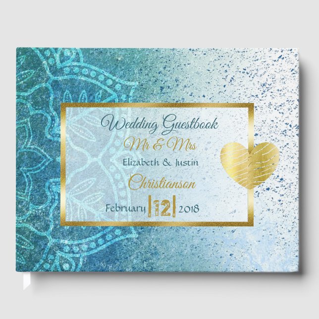 Blue Mandala Gold Heart Wedding Book (Front)