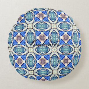 Blue mandala hearts pattern Thunder_Cove Round Cushion