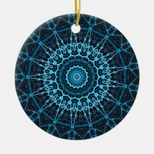 Blue Mandala Net Retro Hippie Trippy Boho Chic Ceramic Ornament (Front)