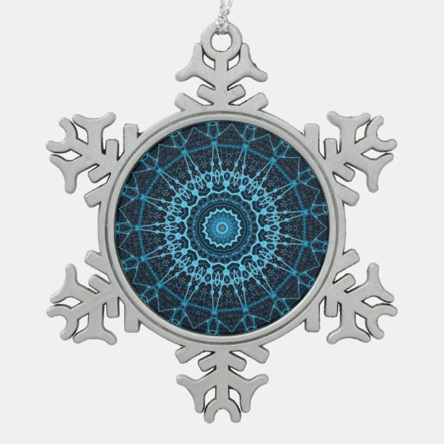Blue Mandala Net Retro Hippie Trippy Boho Chic Snowflake Pewter Christmas Ornament (Front)